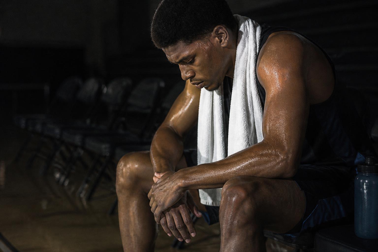 Basketball player locked in on the bench after a hard session