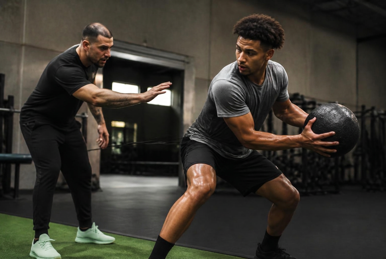 Performance trainer coaching a competitive basketball athlete through an explosive strength drill