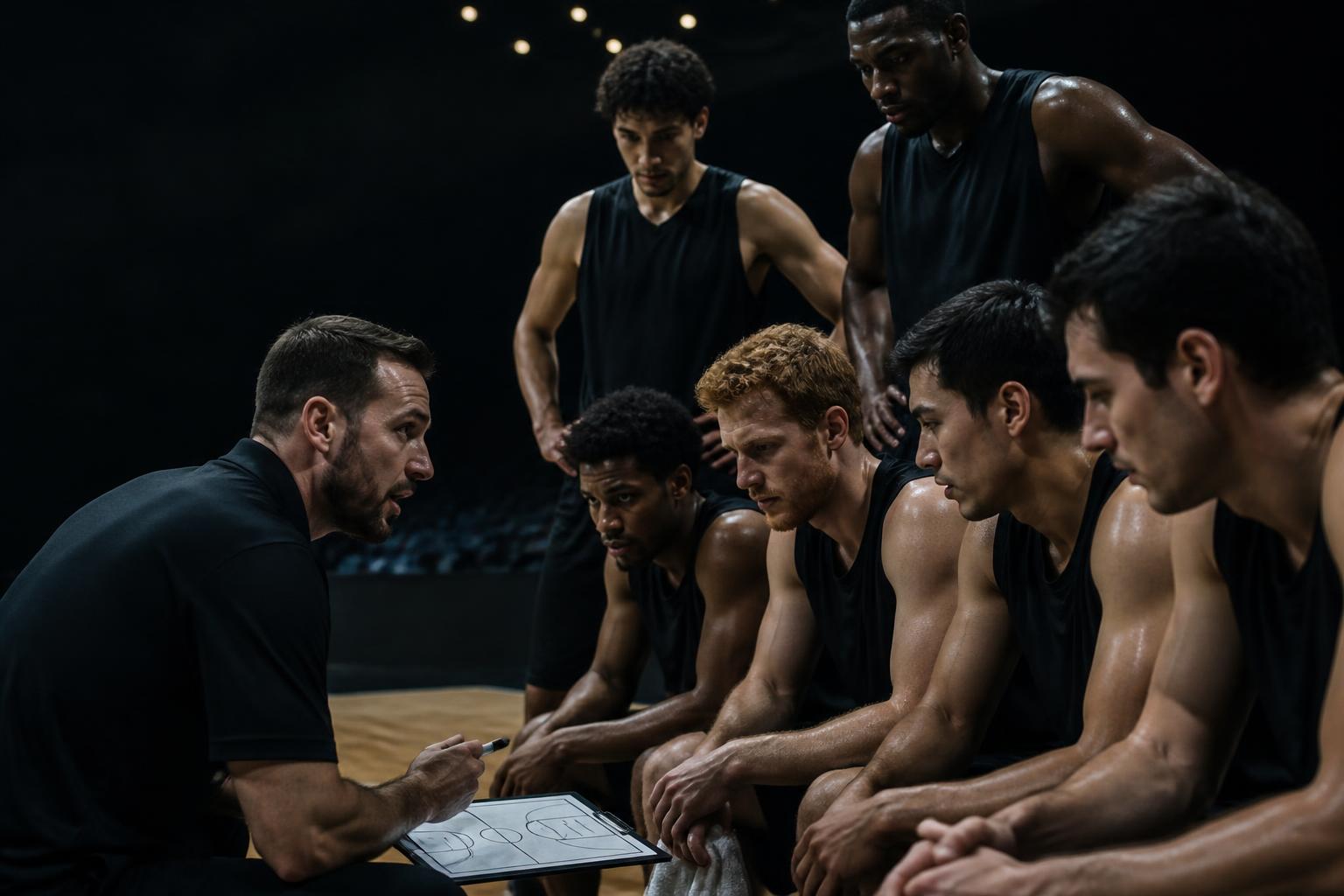Competitive basketball team locked in during an intense courtside timeout huddle