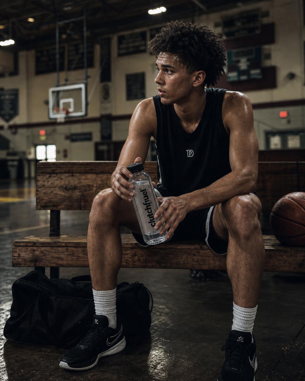 Basketball player hydrating courtside between runs