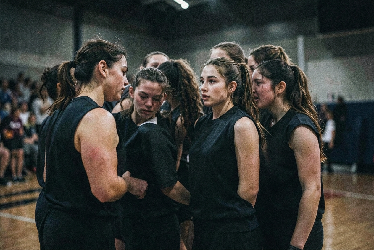 Competitive women's basketball team locked in during an intense courtside timeout huddle
